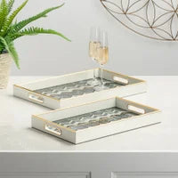Set of 2 Savoy Gold Trim Rectangle Tray Set - Blue Wave