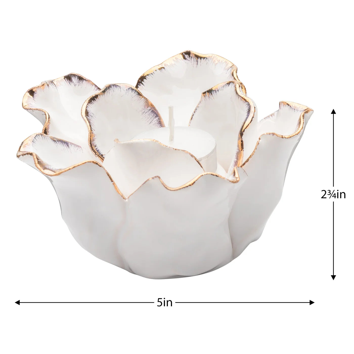Rose Gold Tipped White Flower Cup 5d" Ceramic Tealight Holder
