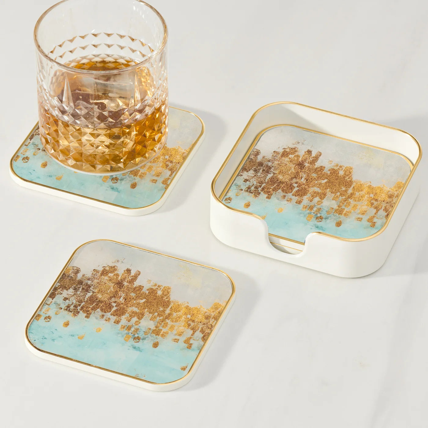 Savoy Gold Trim 4 Piece Square Coaster Set - Blue Mirage