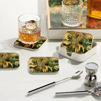 Savoy Gold Trim 2 Piece Square Tray Set - Tropical Leaves