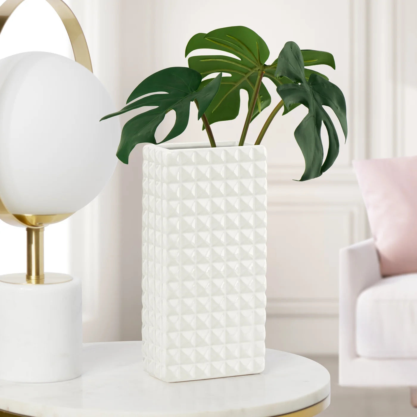 Fina Ribbed White Ceramic 9.5h" Rectangle Vase