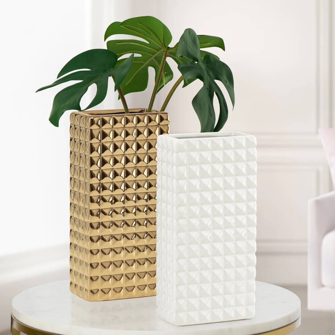 Fina Diamond Studded Gold Ceramic 9.5h" Rectangle Vase
