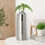 CASIAN SILVER STRIPE TWO TONE CERAMIC 9.75H” VASE