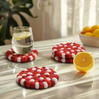 MODWOOL Felt Ball Four Piece Round 4" Diameter Coaster Set - Red/White