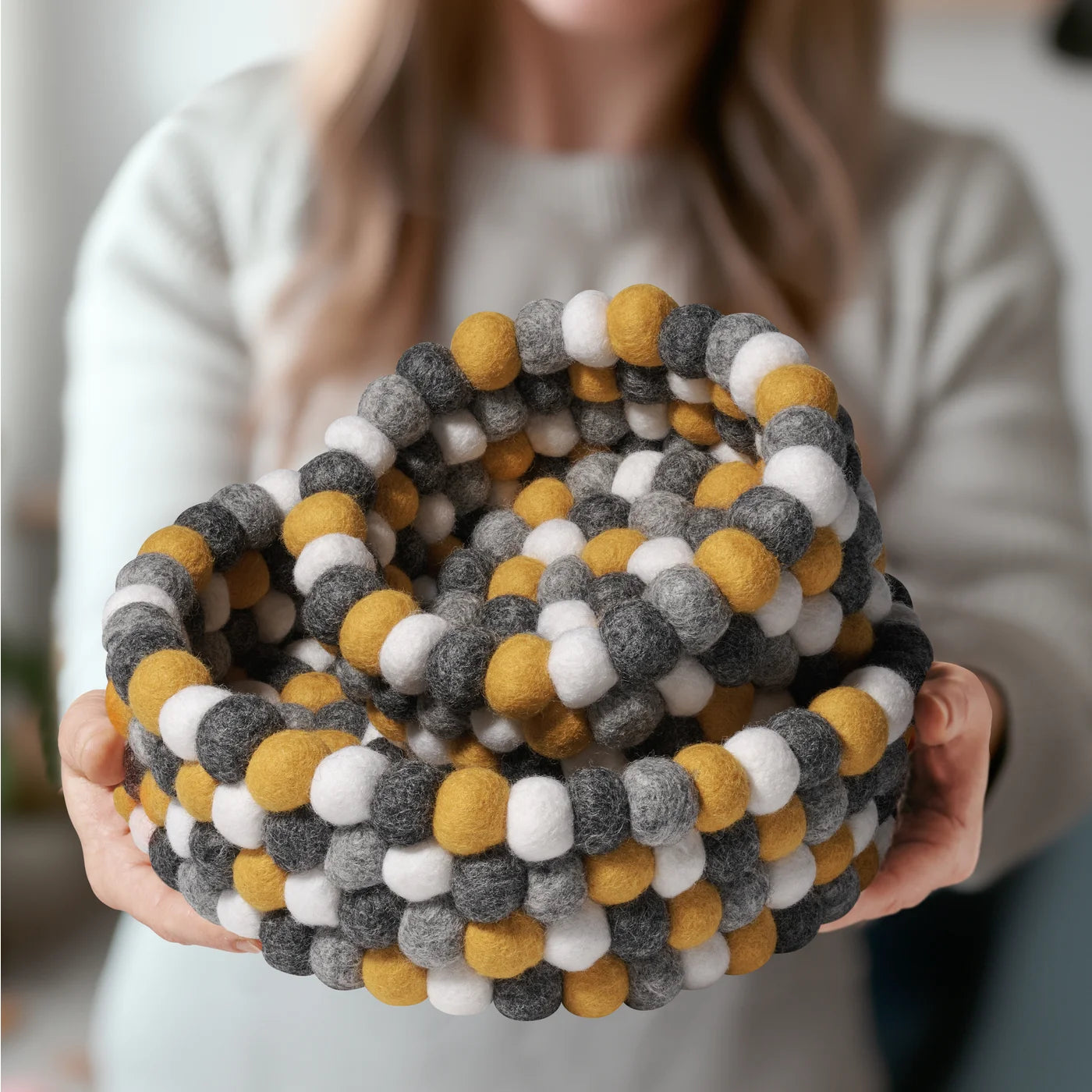 MODWOOL™ Felt Ball 9" Diameter Decor Bowl - Yellow/Grey/White