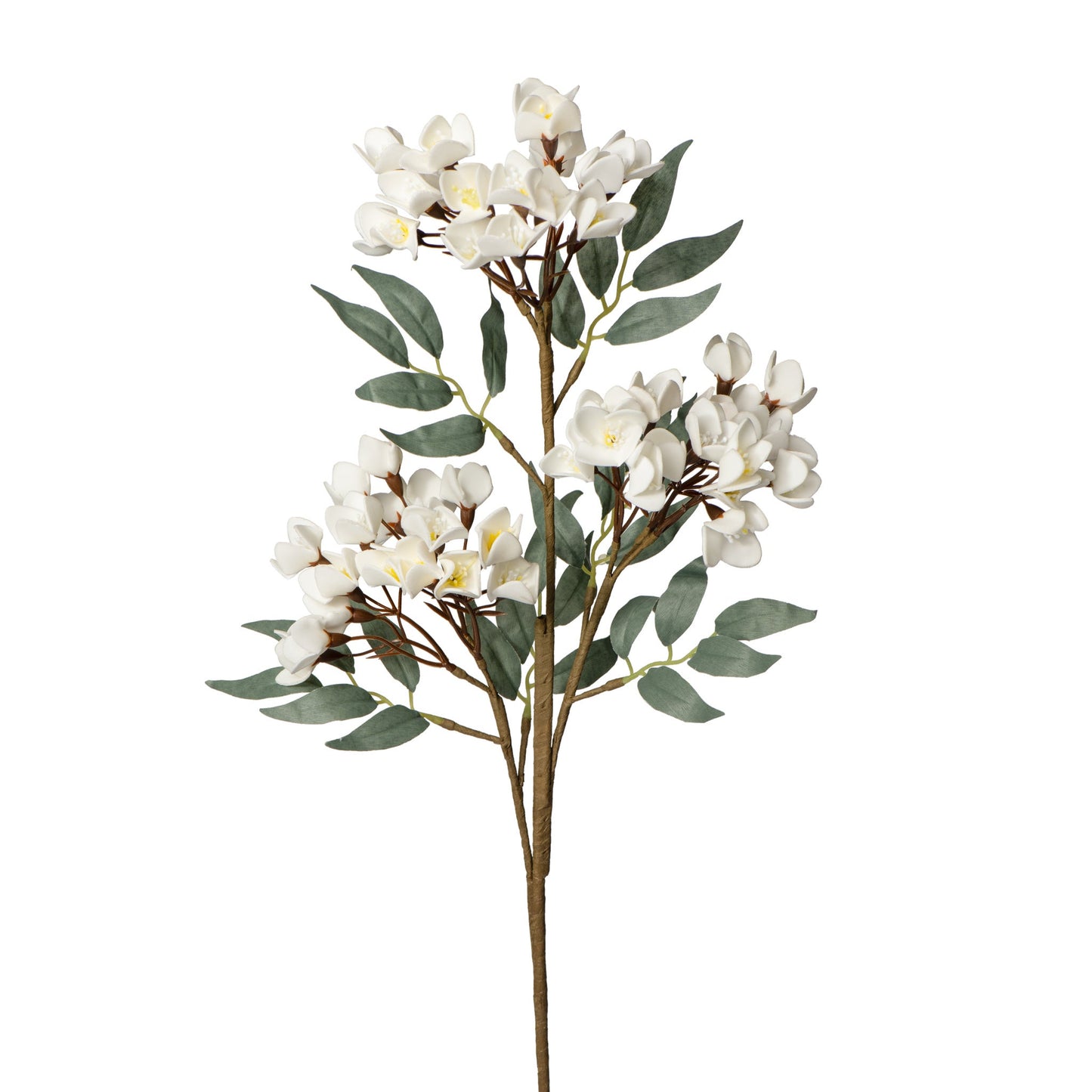 Desert 3 Cluster 30L" Cherry Blossom Stem with Leaves - White