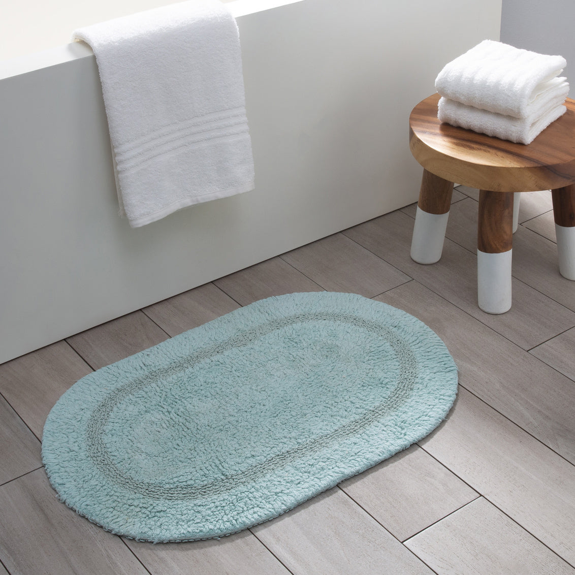 SERENE BATH MAT OVAL COTTON REVERSIBLE AQUA