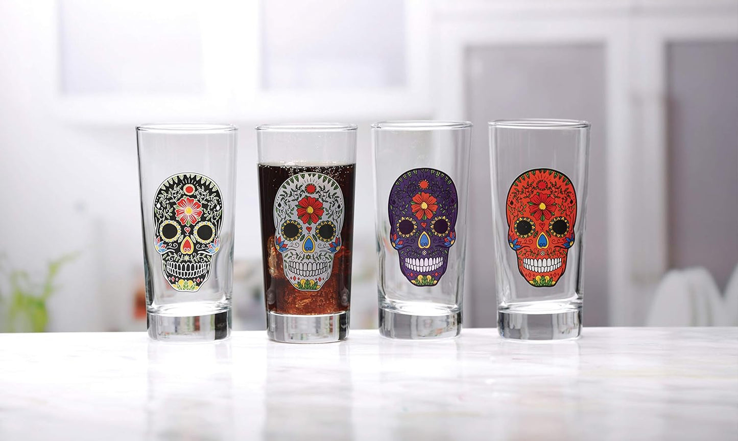Sugar Skull Hiball Cooler, Set of 4 Heavy Drinking Glass
