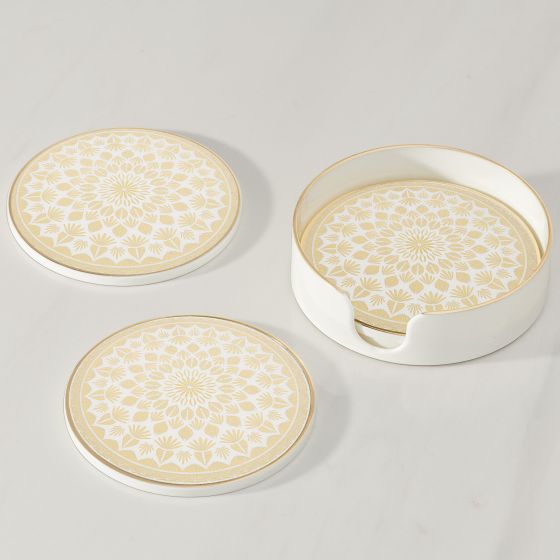 Savoy Gold Trim 4 Piece Round Coaster Set - Leaf Mandala