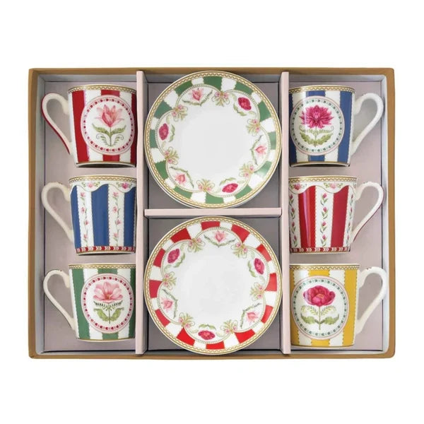 Set of 6 porcelain coffee cups with saucers Flowers