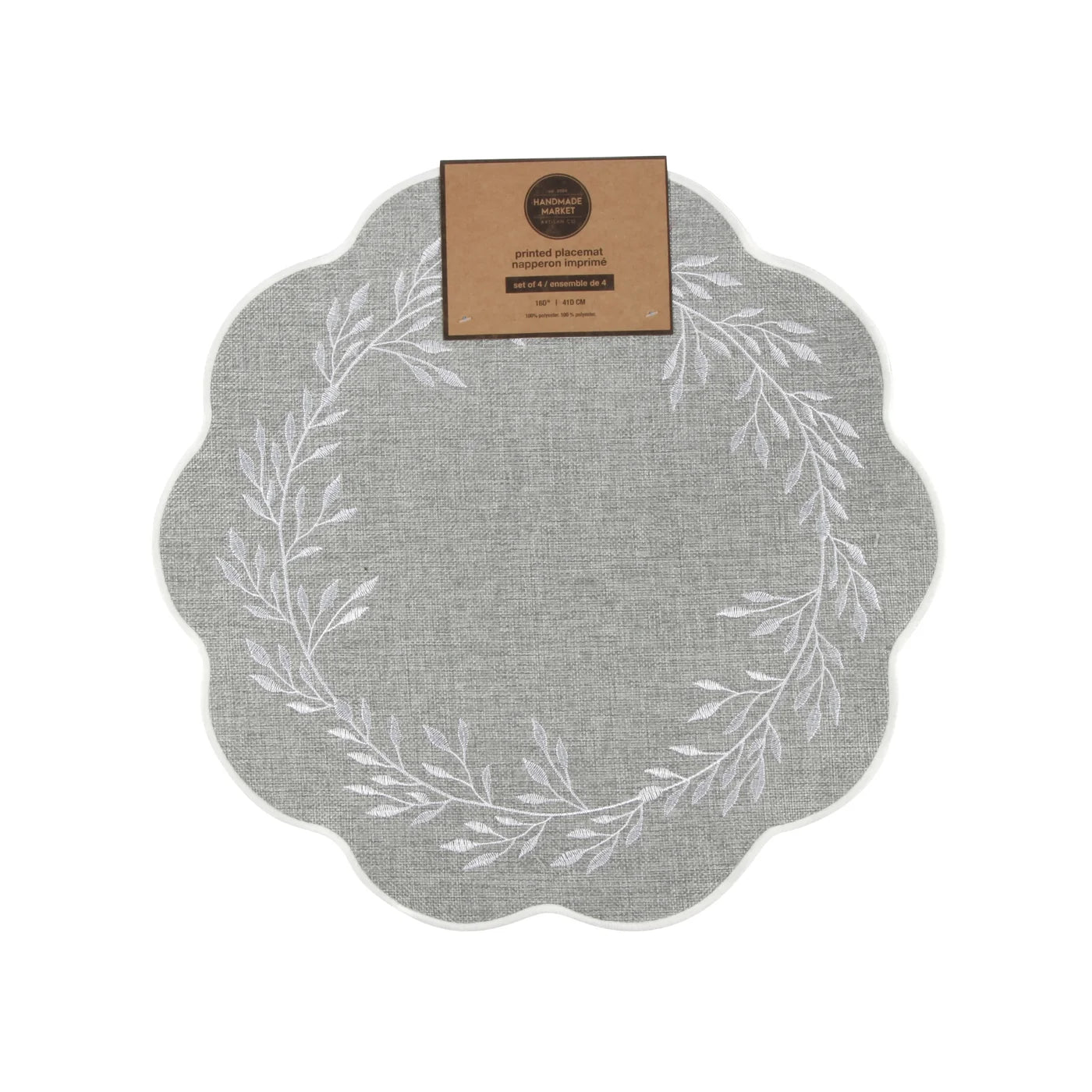 Embroidered Leaf Placemat Set Of 4 Grey