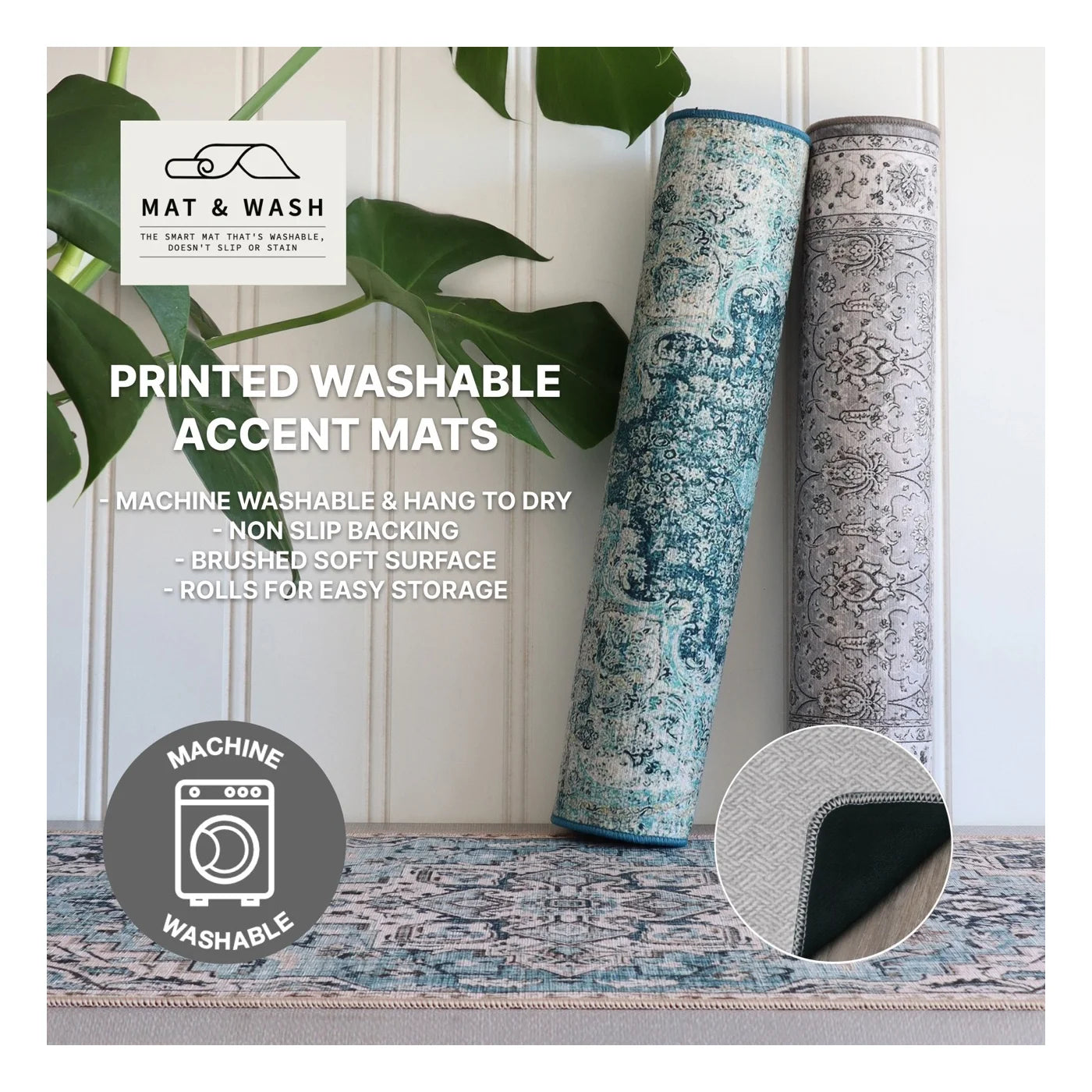 White Blossom Chenille Washable Accent Mat Green