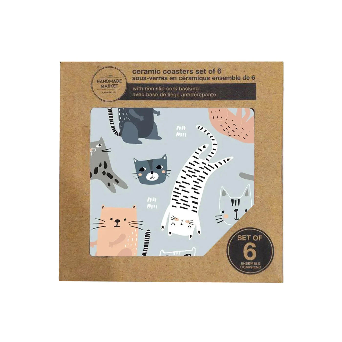 Cats Printed Ceramic Coaster Set Of 6 Blue