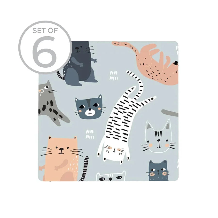 Cats Printed Ceramic Coaster Set Of 6 Blue