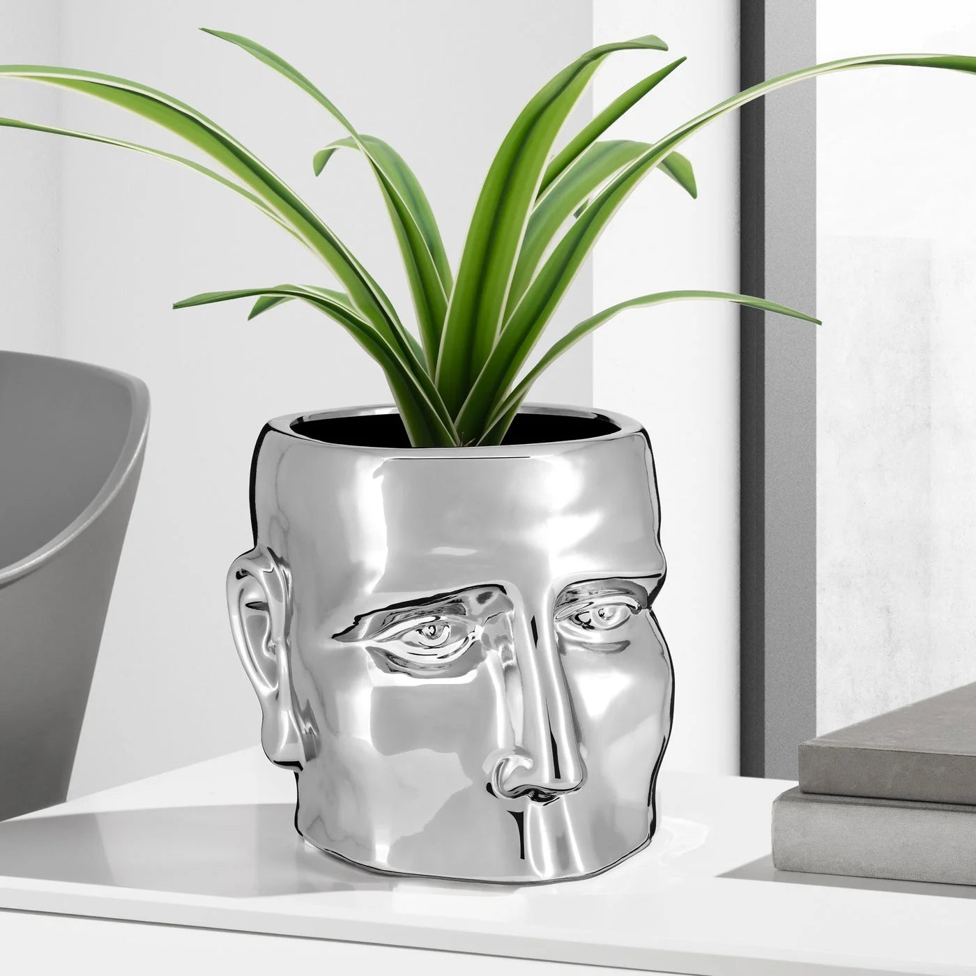 Face Shape 5.75h" Ceramic Drop Pot Planter - Chrome