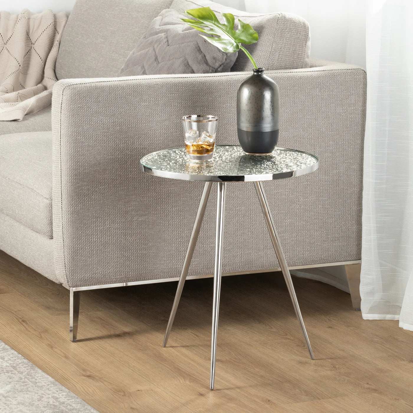 Lunar Nickel Glass Top Side Table,Tall