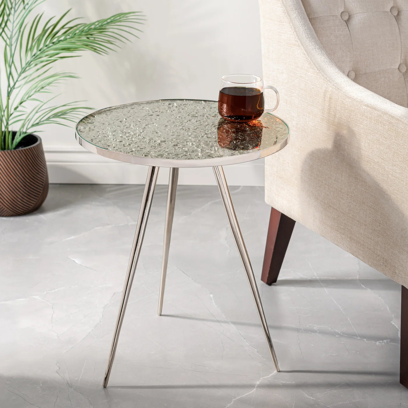 Lunar Nickel Glass Top Side Table,Tall