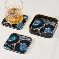 Savoy Gold Trim 4 Piece Square Coaster Set - Agate