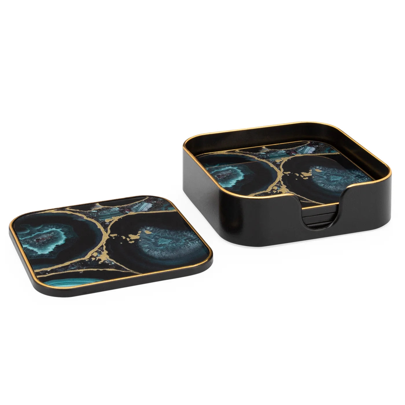 Savoy Gold Trim 4 Piece Square Coaster Set - Agate