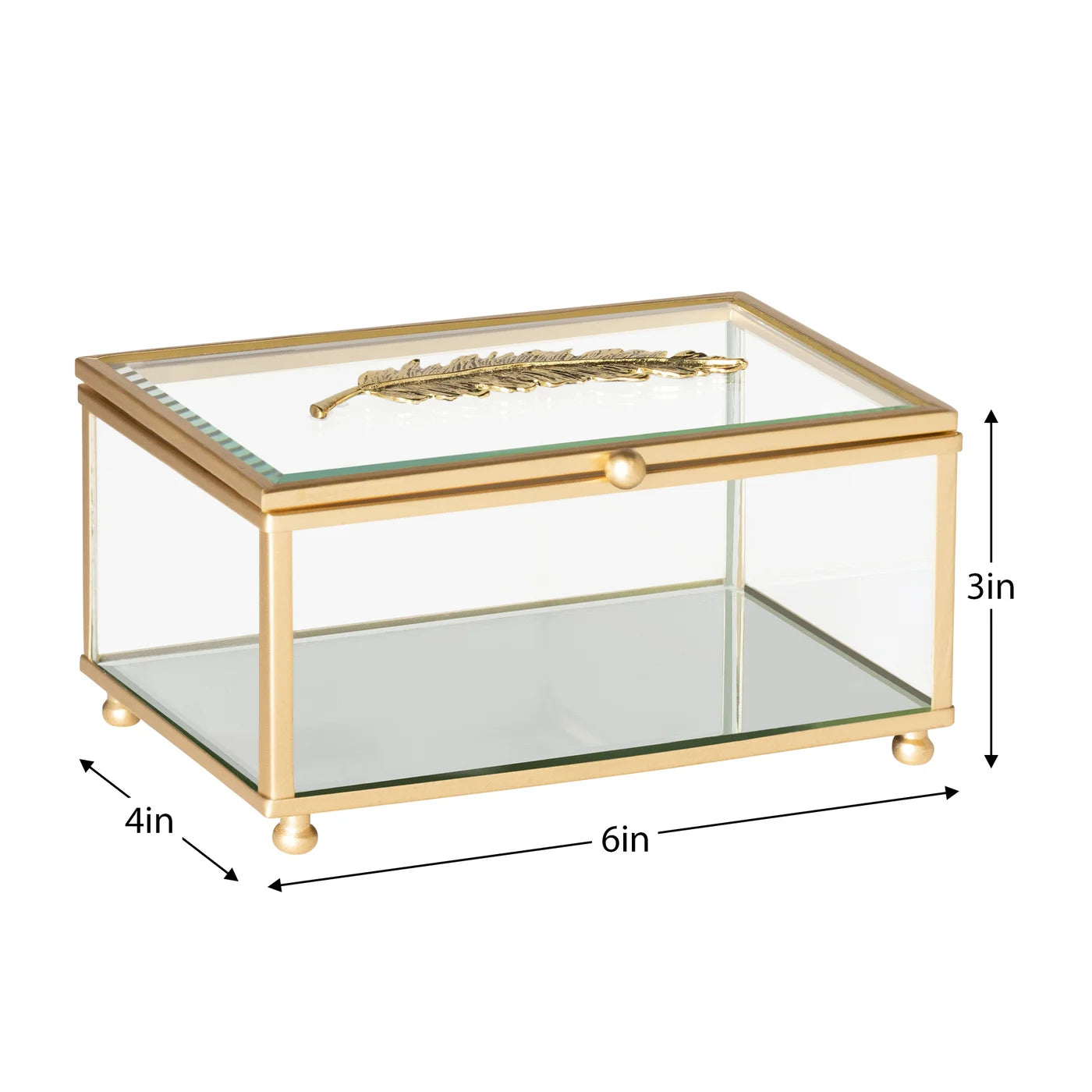 Golden Feather Trim 6 x 4" Rectangle Bevel Glass Jewelry Storage Box