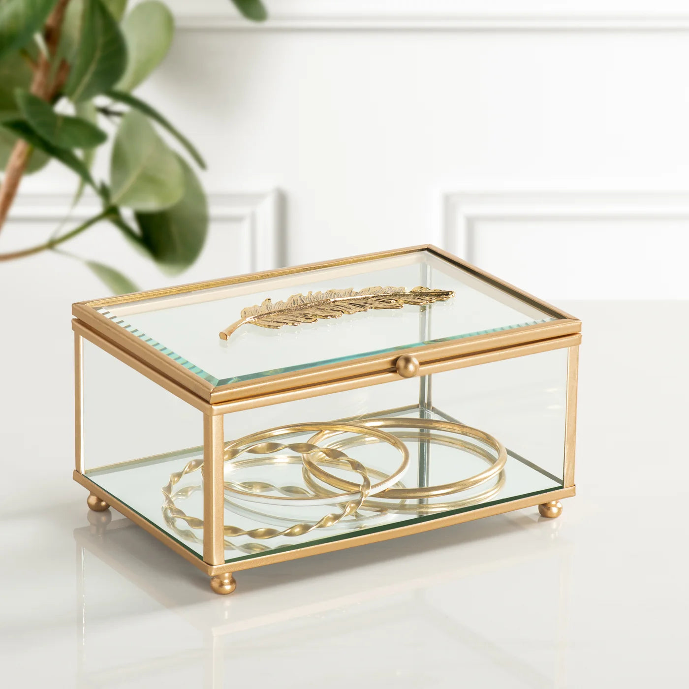 Golden Feather Trim 6 x 4" Rectangle Bevel Glass Jewelry Storage Box