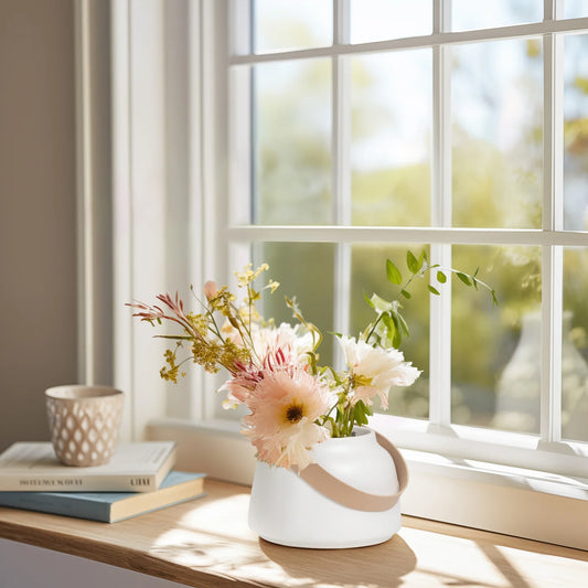 Lido Matte White Ceramic 3.5h" Tapered Vase with Faux Leather Handle