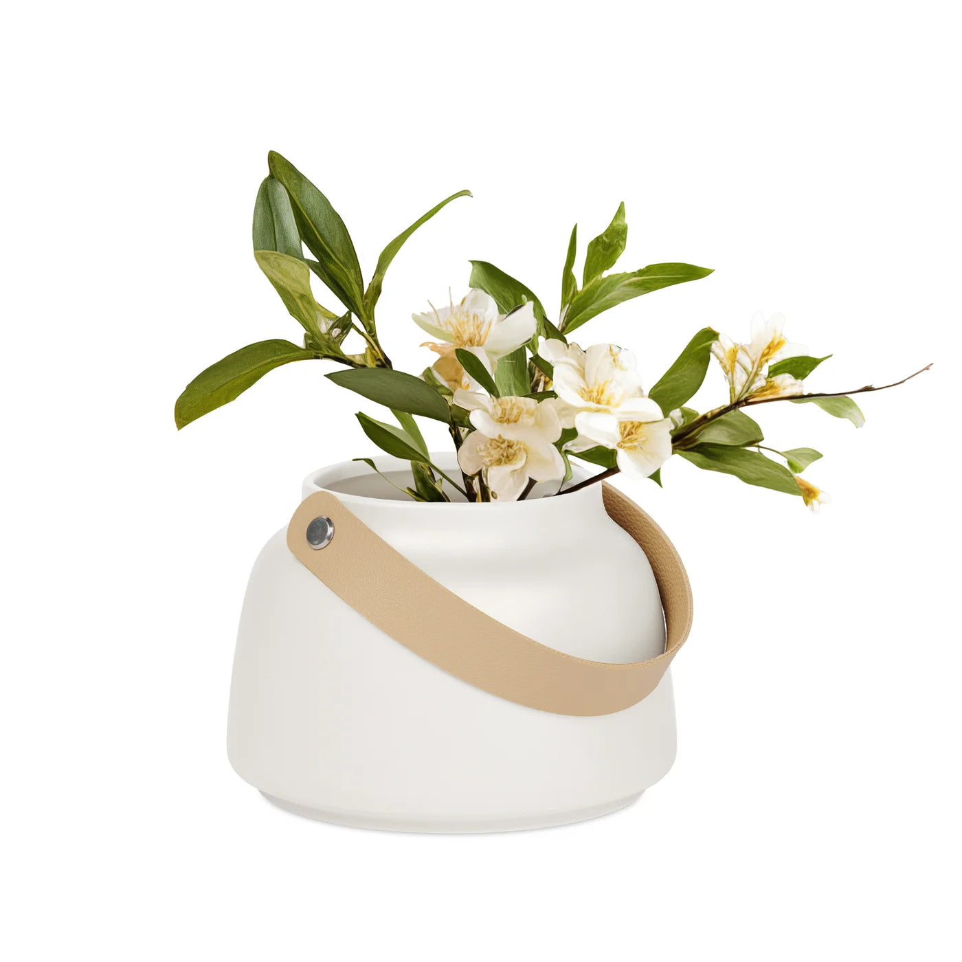 Lido Matte White Ceramic 3.5h" Tapered Vase with Faux Leather Handle