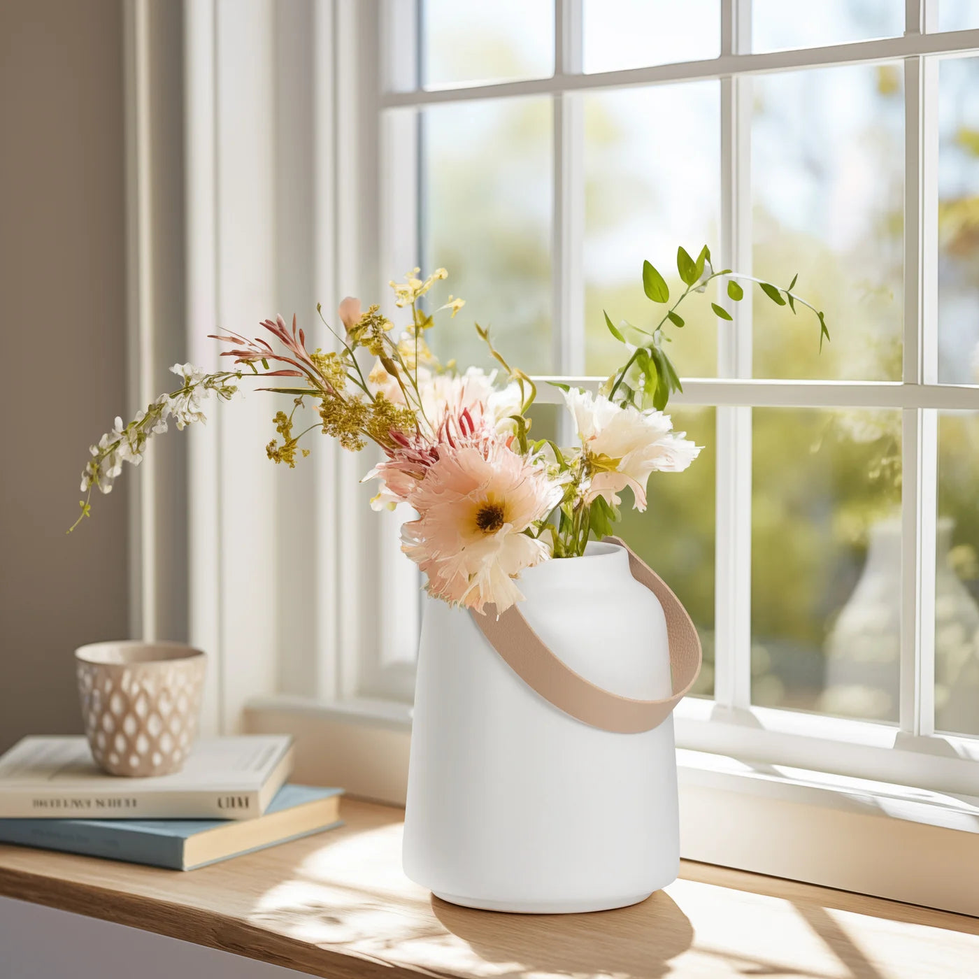 Lido Matte White Ceramic 6h" Tapered Vase with Faux Leather Handle
