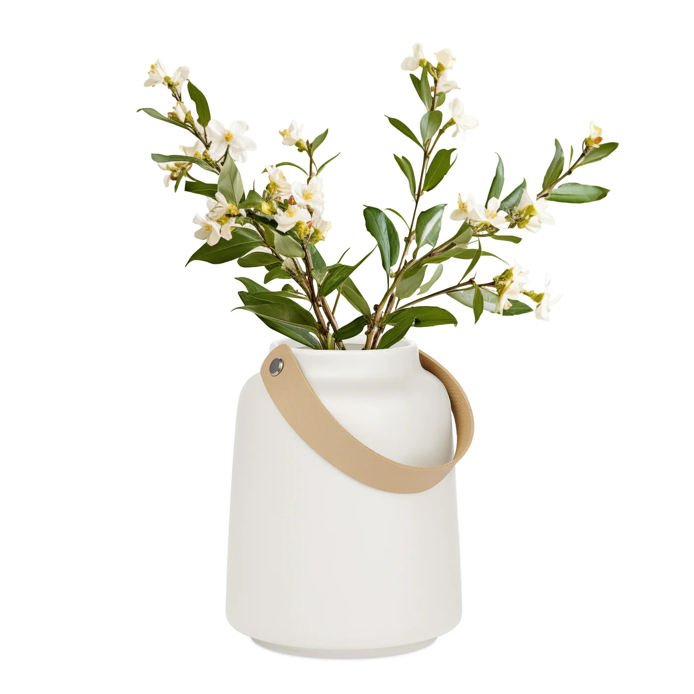Lido Matte White Ceramic 6h" Tapered Vase with Faux Leather Handle