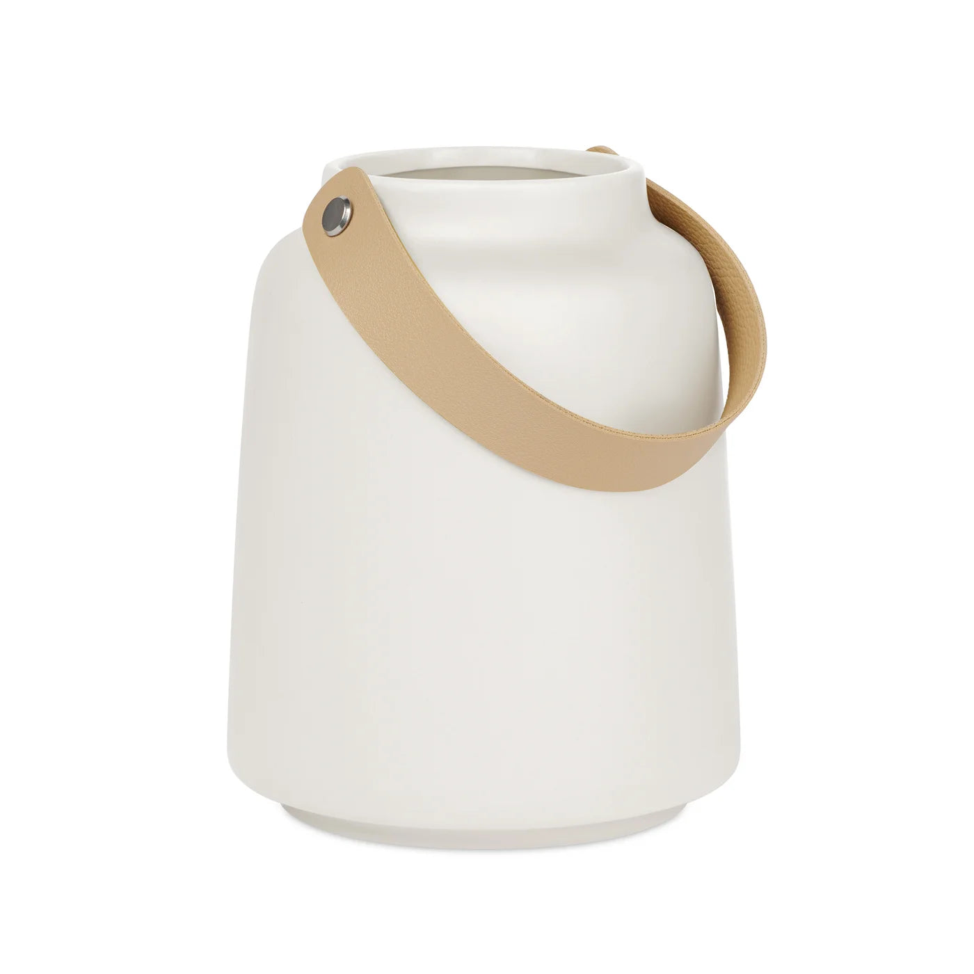 Lido Matte White Ceramic 6h" Tapered Vase with Faux Leather Handle