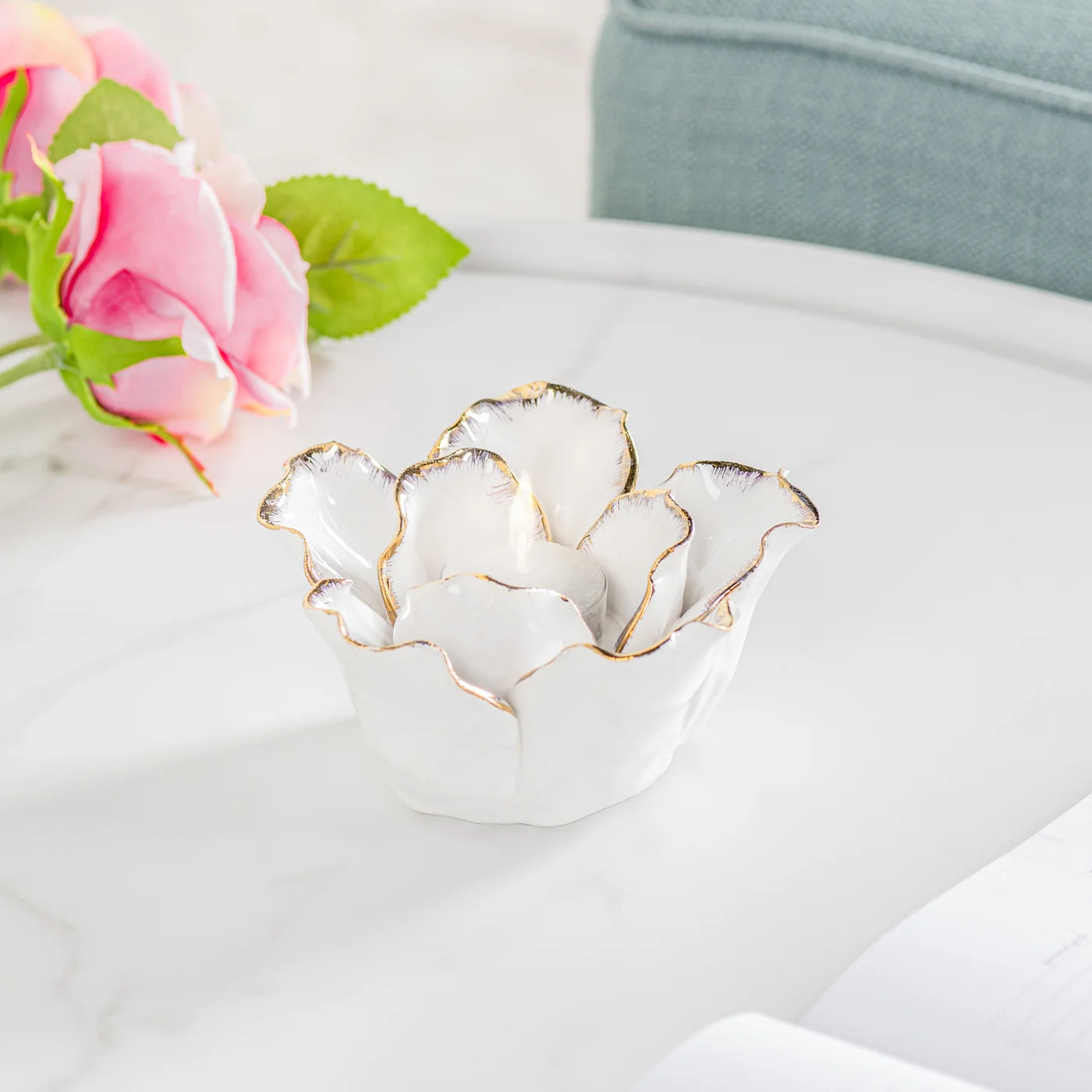 Rose Gold Tipped White Flower Cup 5d" Ceramic Tealight Holder