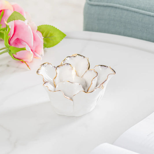 Rose Gold Tipped White Flower Cup 5d" Ceramic Tealight Holder