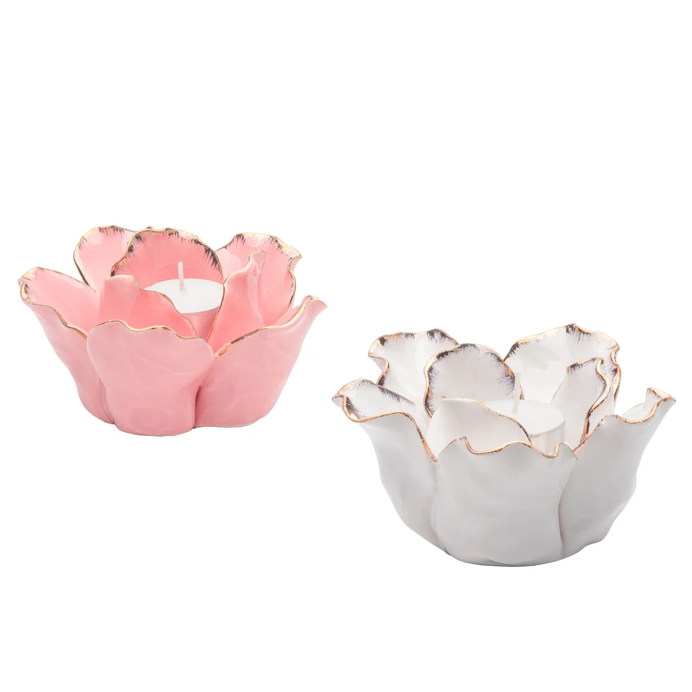 Rose Gold Tipped White Flower Cup 5d" Ceramic Tealight Holder