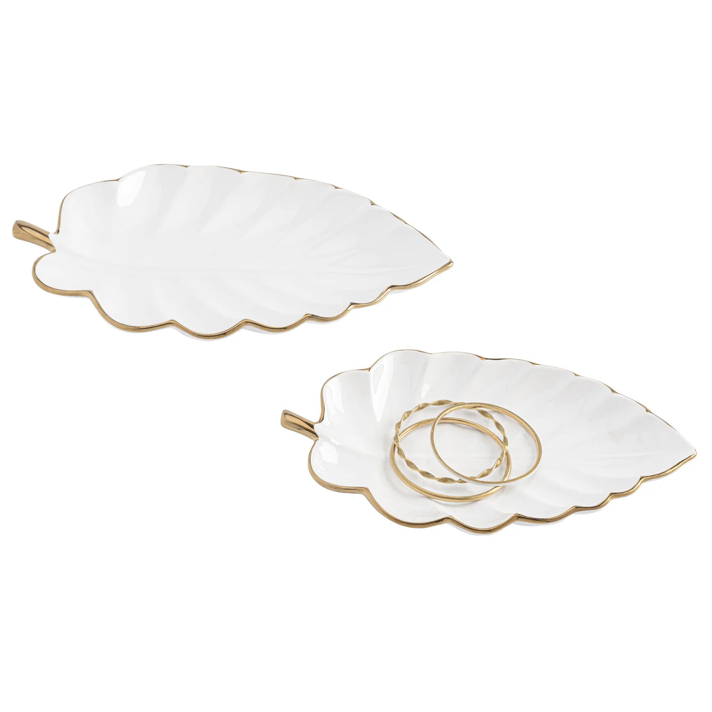 Talia Gold Trim 12L" Ceramic Leaf Dish