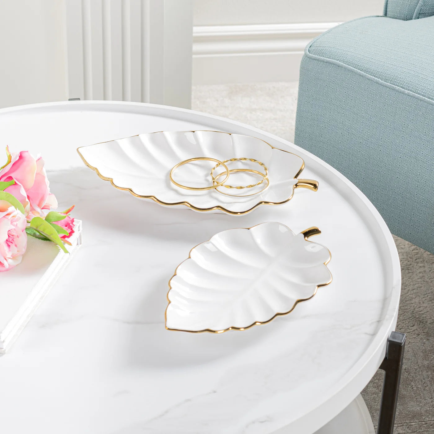 Talia Gold Trim 12L" Ceramic Leaf Dish