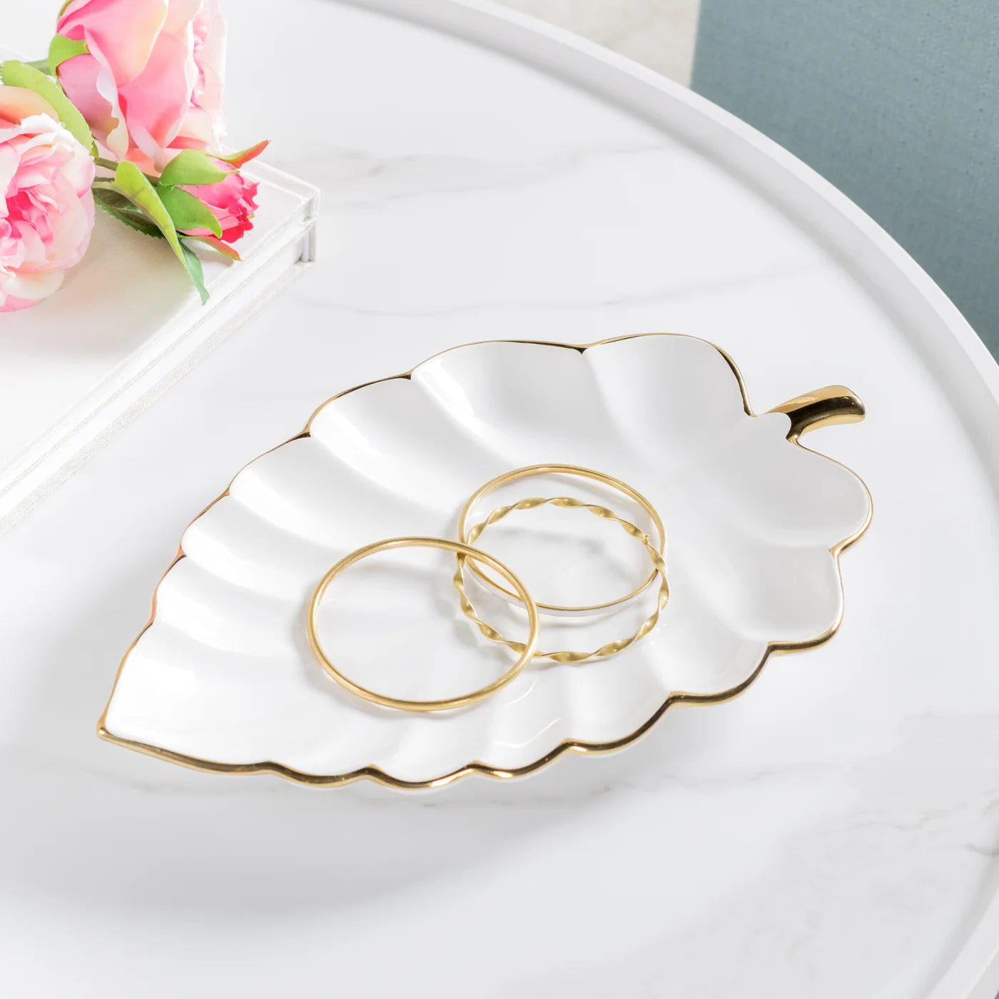 Talia Gold Trim 12L" Ceramic Leaf Dish