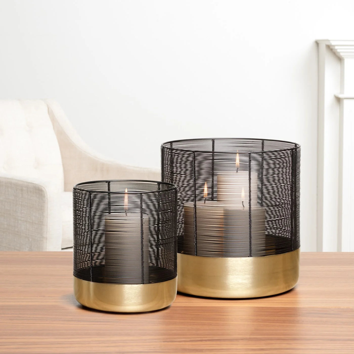 CASTELLO WIRE TOP 2 PIECE BRUSHED GOLD CYLINDER HURRICANE SET