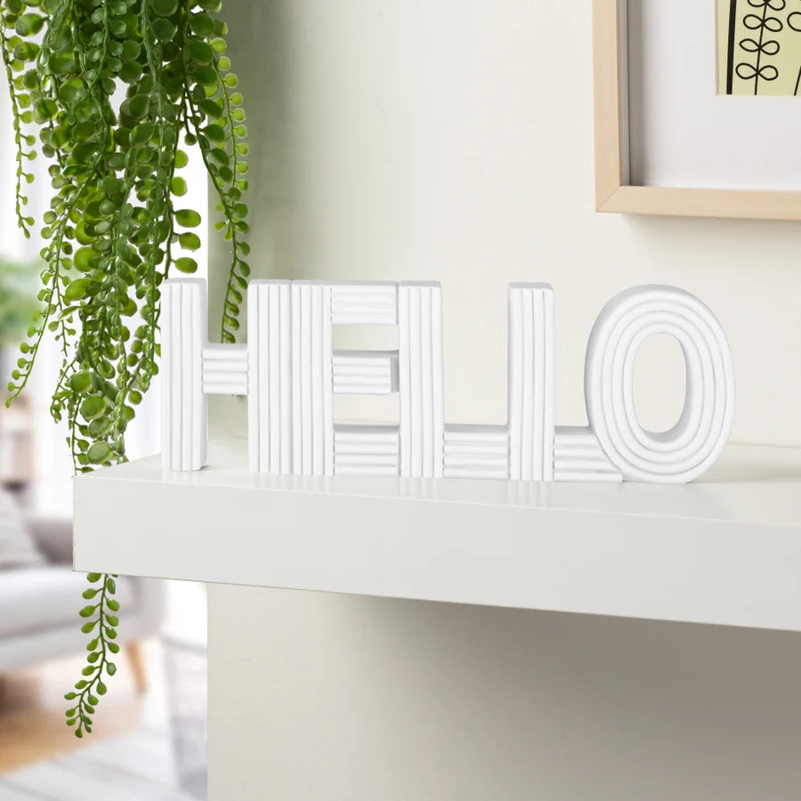 Word Art Ribbed Resin White Decor Sculpture - Hello