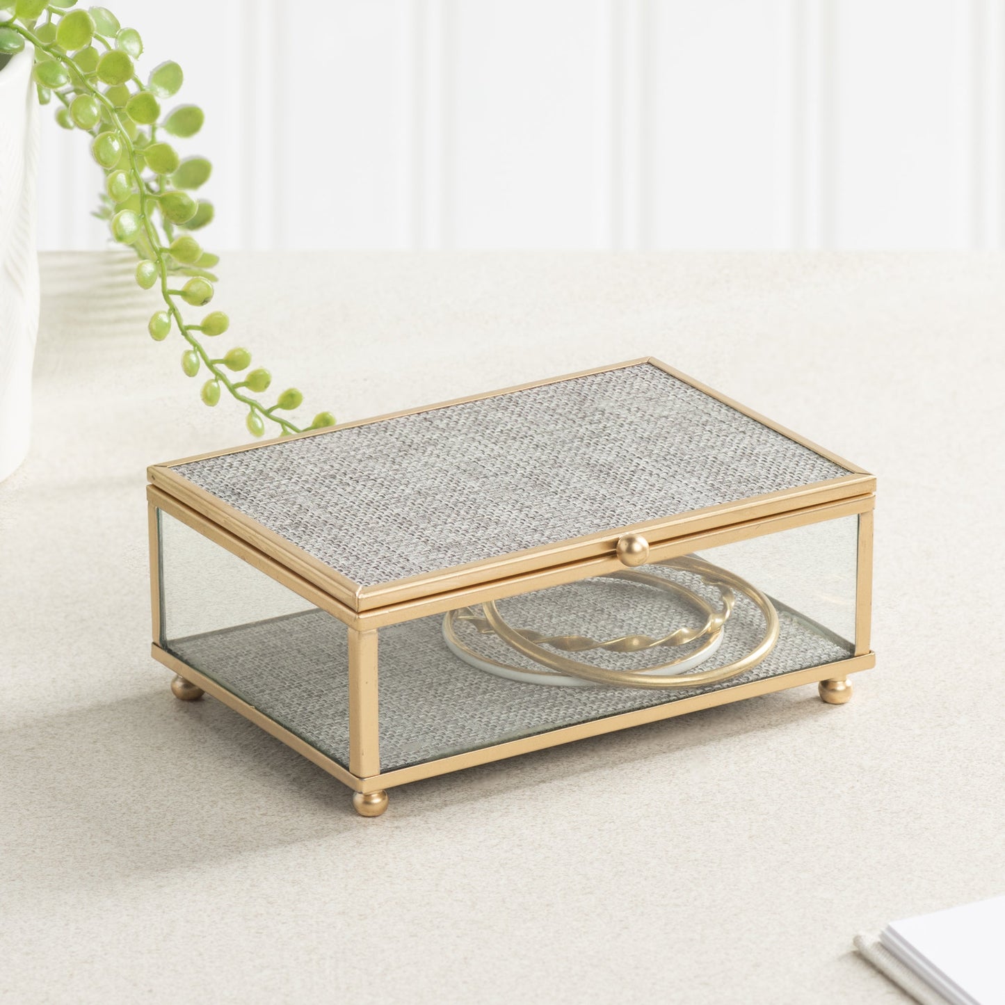 Linen Lined Gold Trim 6x4" Glass Jewelry Storage Box