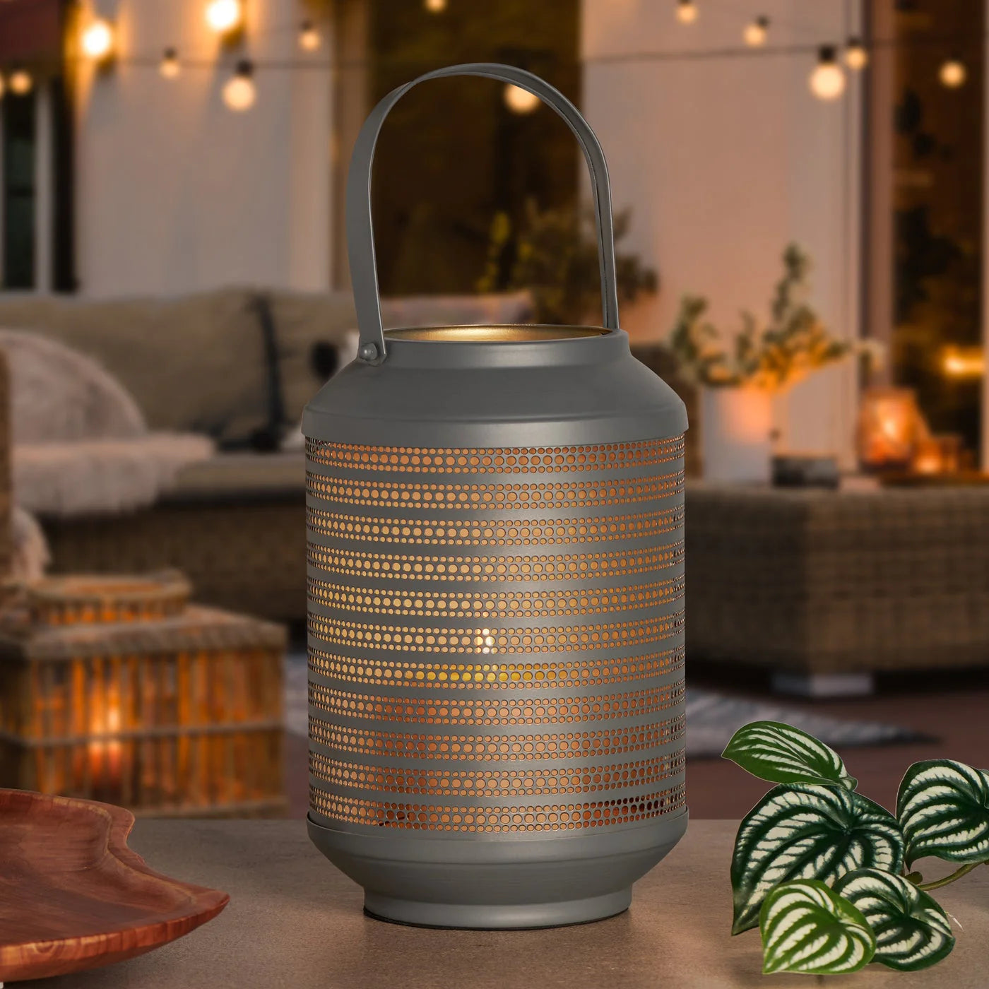 DOT CUTOUT 6.5DX10H" METAL LANTERN - GREY/GOLD