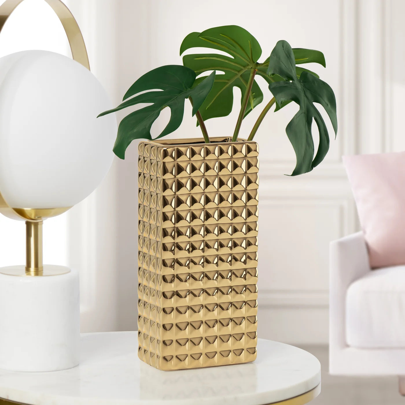 Fina Diamond Studded Gold Ceramic 9.5h" Rectangle Vase