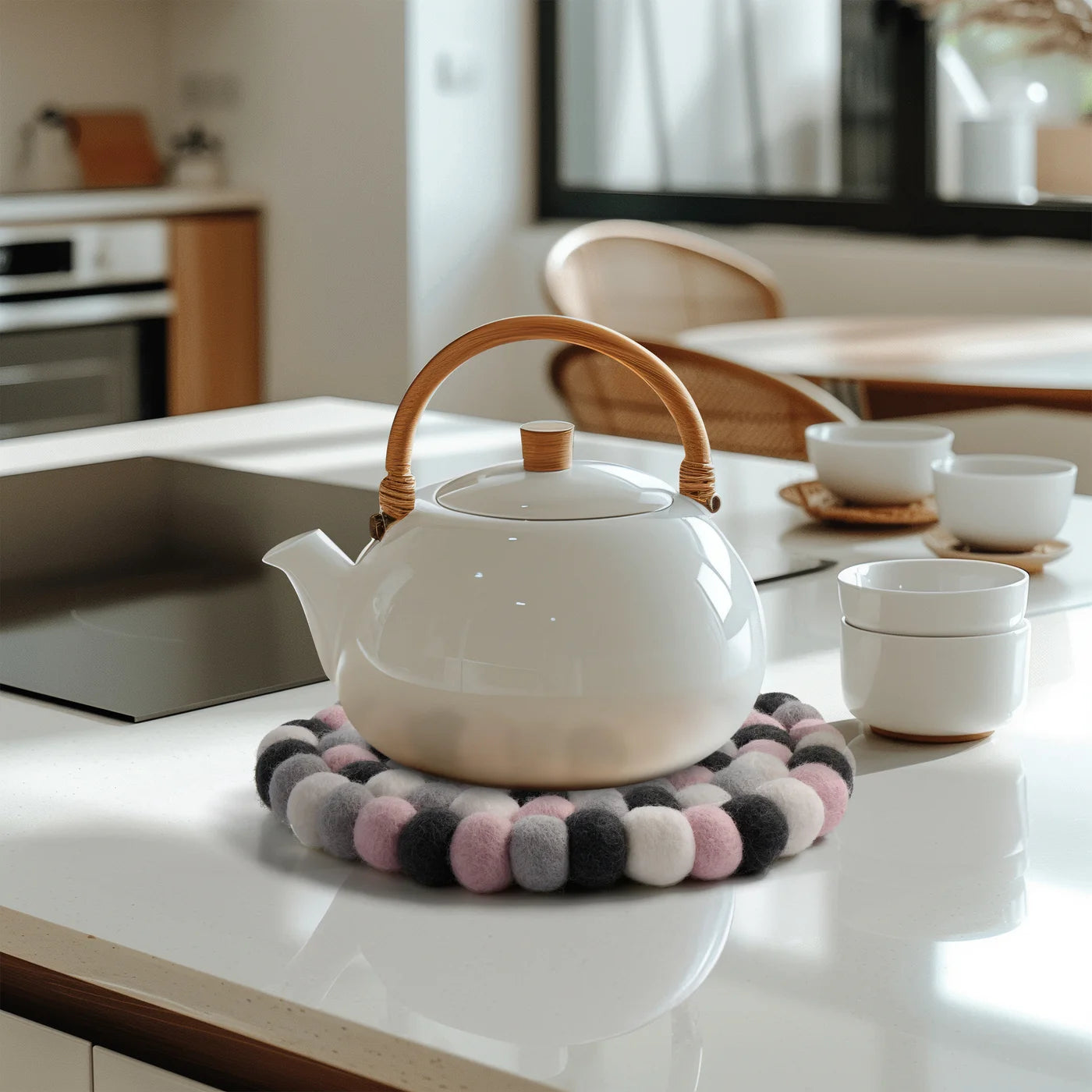 MODWOOL  Felt Ball Round 8" Diameter Trivet - Pink/Grey/White