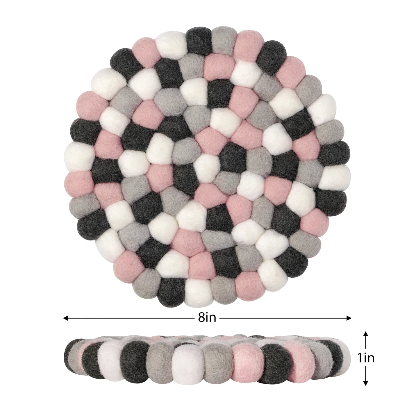 MODWOOL  Felt Ball Round 8" Diameter Trivet - Pink/Grey/White