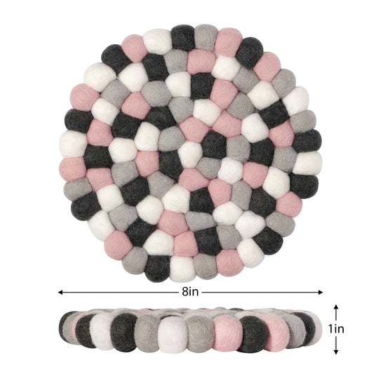 MODWOOL  Felt Ball Round 8" Diameter Trivet - Pink/Grey/White