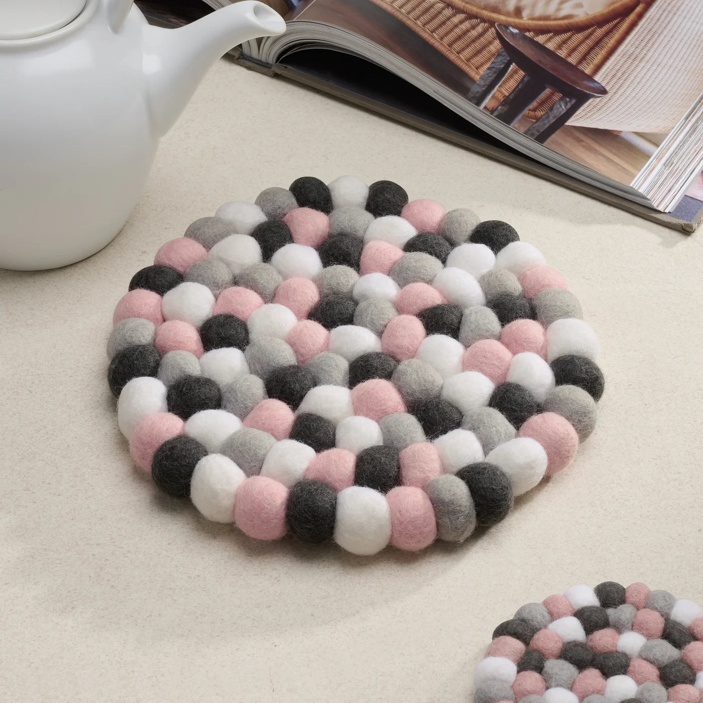 MODWOOL  Felt Ball Round 8" Diameter Trivet - Pink/Grey/White