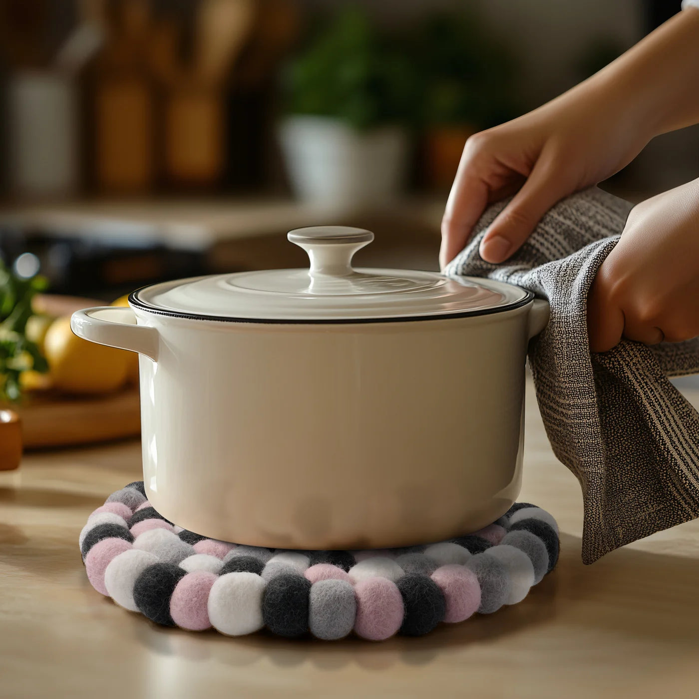 MODWOOL  Felt Ball Round 8" Diameter Trivet - Pink/Grey/White