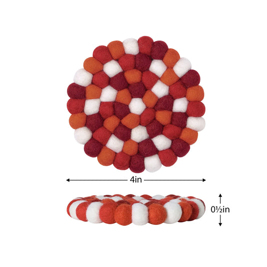 MODWOOL Felt Ball Four Piece Round 4" Diameter Coaster Set - Red/White