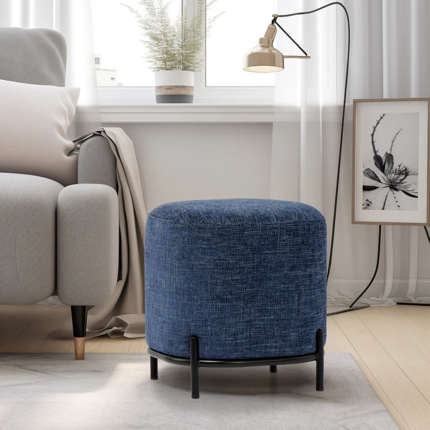 Pender Pin Leg Newport Weave Upholstery Ottoman Stool - Blue