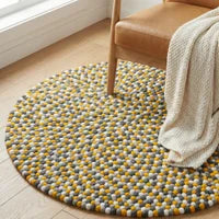ModWool Felt Ball 47 Inch Diameter Round Rug - Yellow, Grey, White