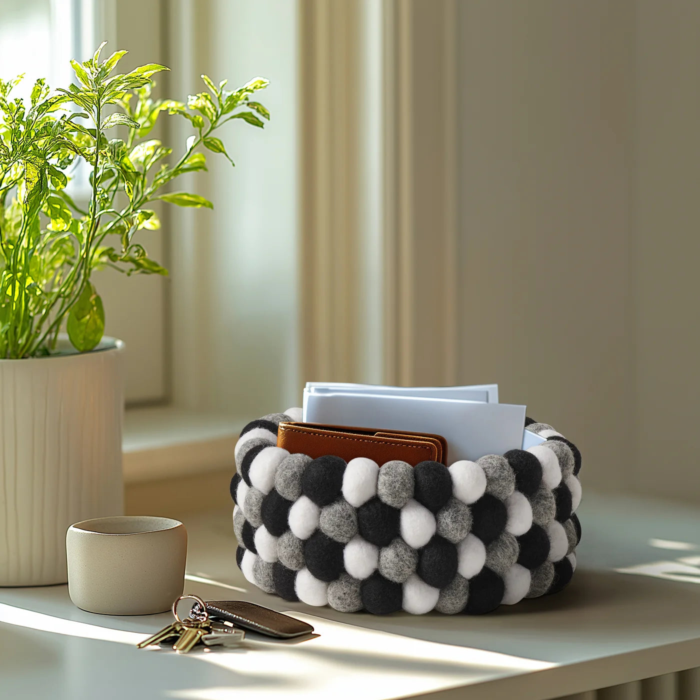 MODWOOL™ Felt Ball 7" Diameter Decor Bowl - Black/White/Grey